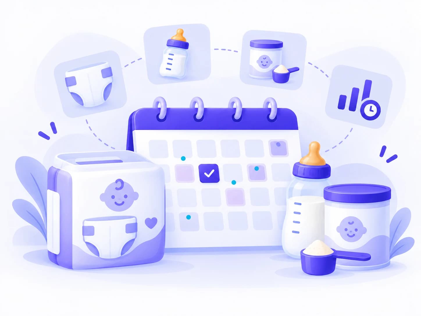 Baby care illustration with diapers, bottles, formula, a calendar, and a stock checklist.