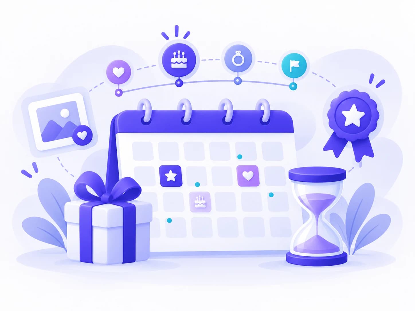 Milestone planning illustration with a calendar, gift, anniversary markers, hourglass, and award ribbon.