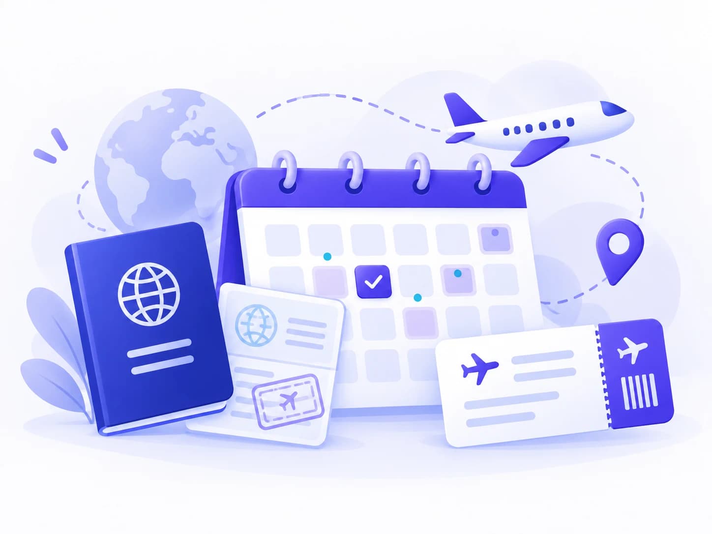 Travel planning illustration with a passport, visa, boarding pass, airplane, and calendar.