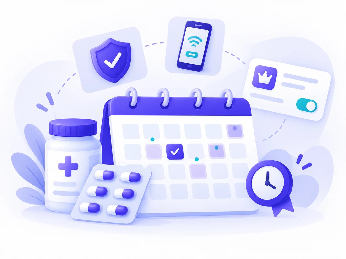 Medicine expiry illustration with a pill bottle, capsules, calendar, shield, and clock.