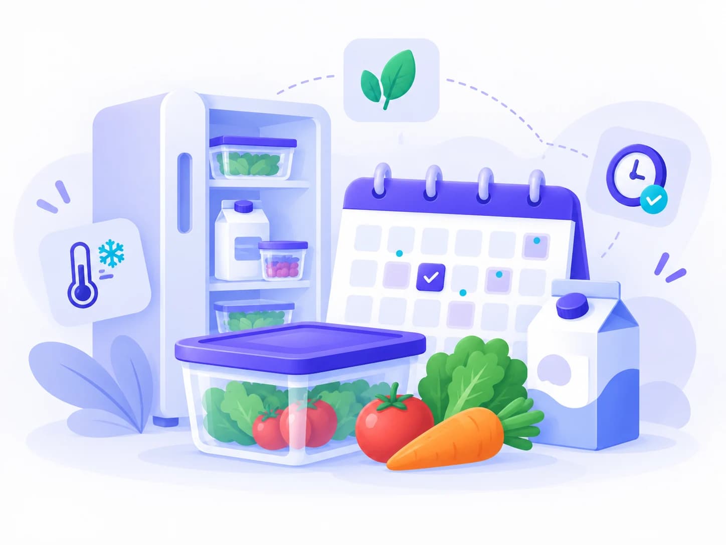 Food storage illustration with a refrigerator, fresh vegetables, containers, and a calendar.
