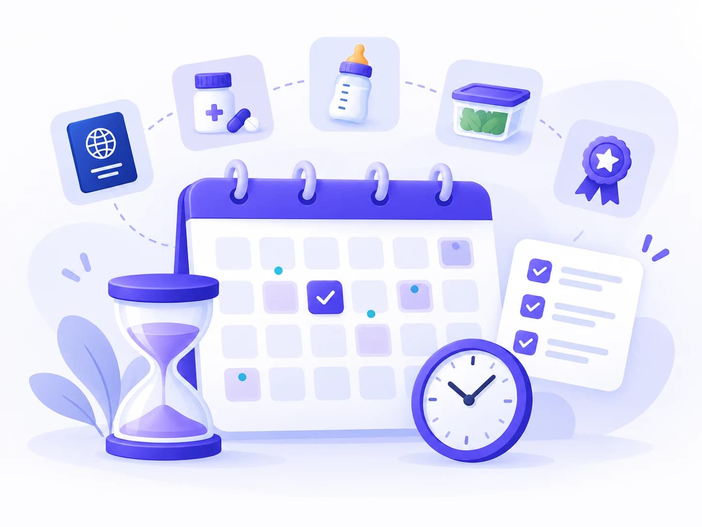 Calendar illustration surrounded by an hourglass, clock, passport, medicine, baby care, food storage, and checklist symbols.