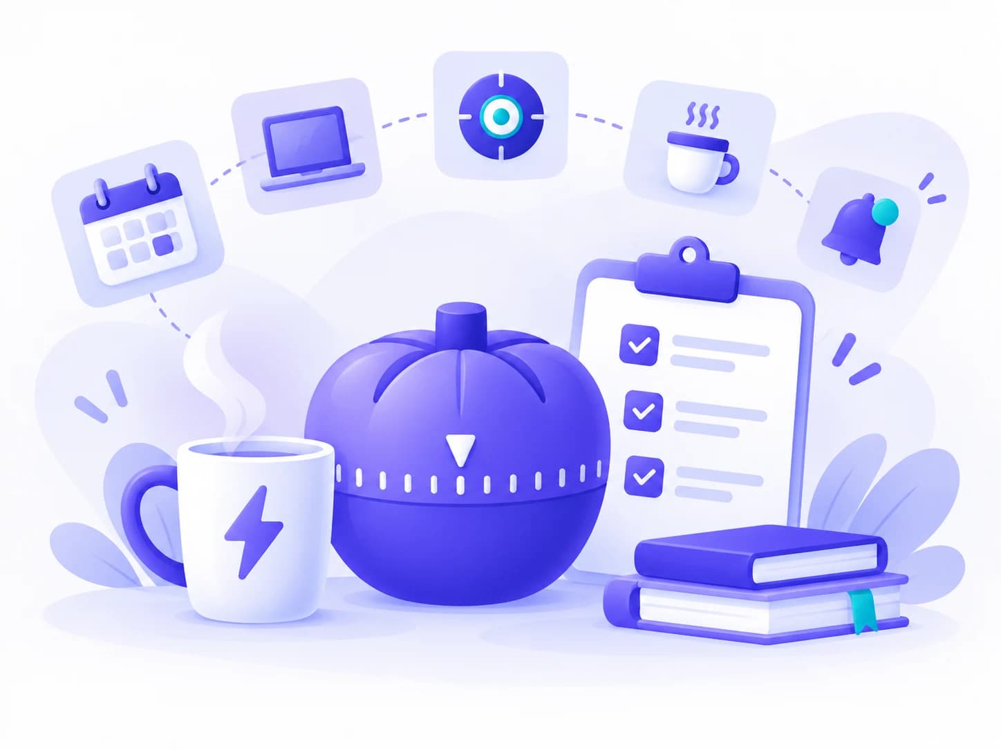 Productivity planning illustration with a timer, checklist, laptop, coffee, and calendar.
